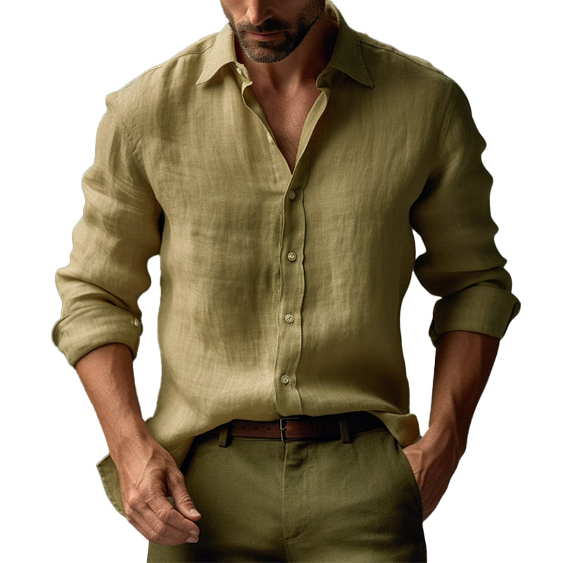 【Expédition 24h/24】Chemise décontractée à manches longues en lin de couleur unie pour hommes 68576086M