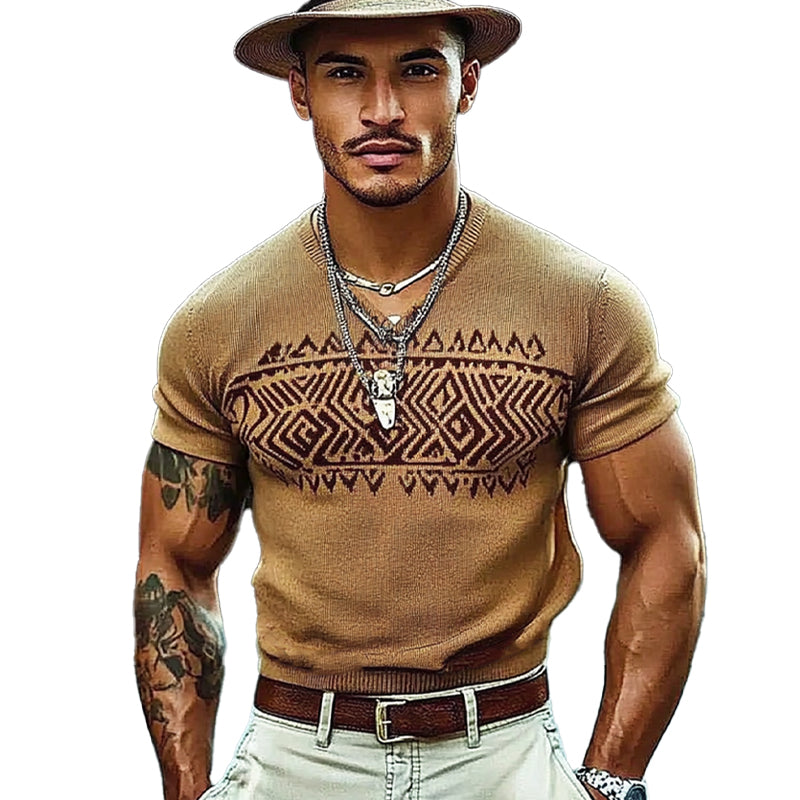 Men's Knitted V-neck Jacquard Short-sleeved T-shirt 93358887X