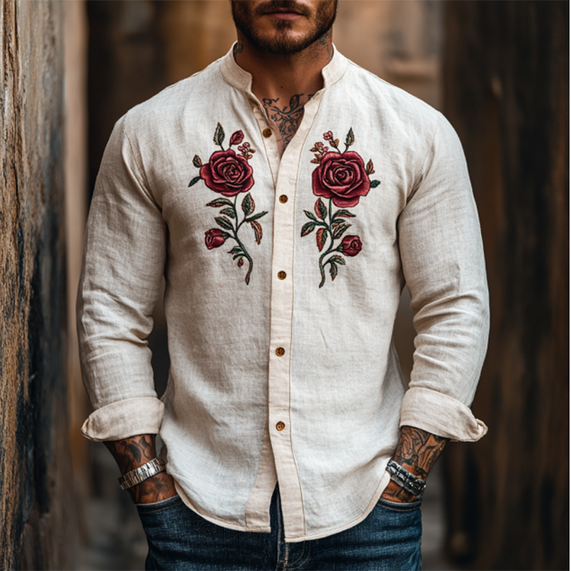 Men's Classic Retro Casual Embroidered Rose Linen Long Sleeve Shirt 95405072K