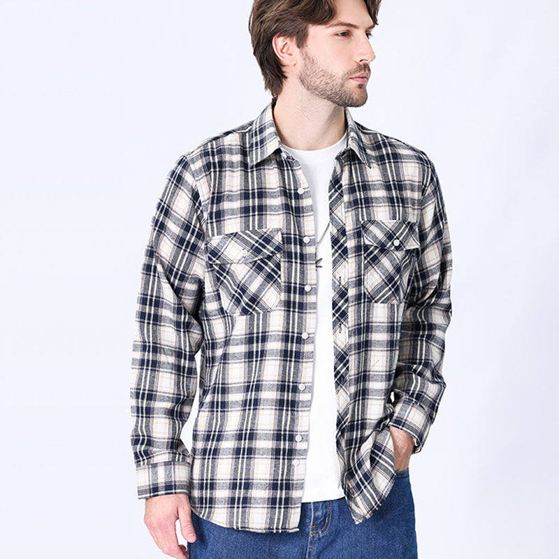 Men's Casual Black and White Checkered Long-sleeved Shirt 20163720U