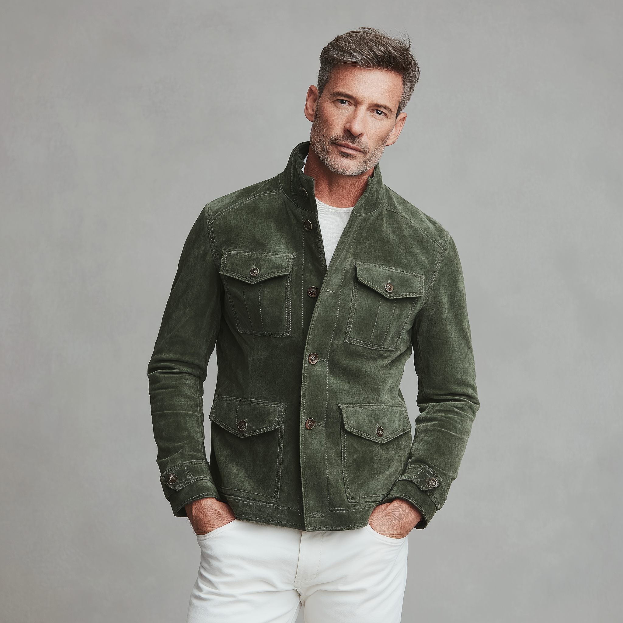 Men's Classic American Casual Stand Collar Multi-pocket Suede Jacket MTA1889H3K