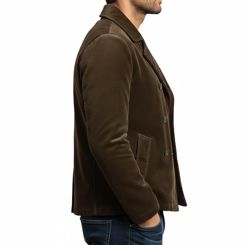 Men's Retro Brown Double-Breasted Notched Lapel Corduroy Slim Fit Jacket MTA3118J4U