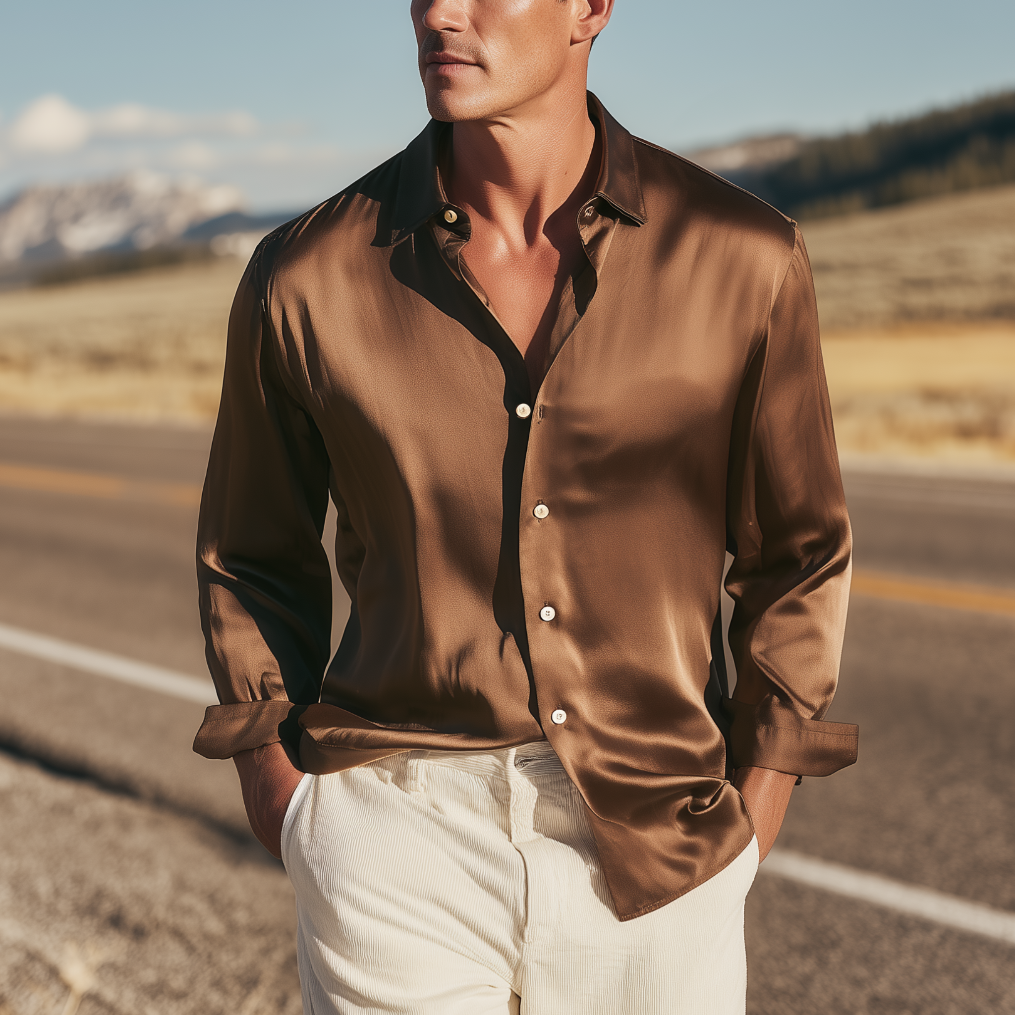 Men's Classic Casual Satin Solid Lapel Long-sleeved Shirt MTA0441H5K