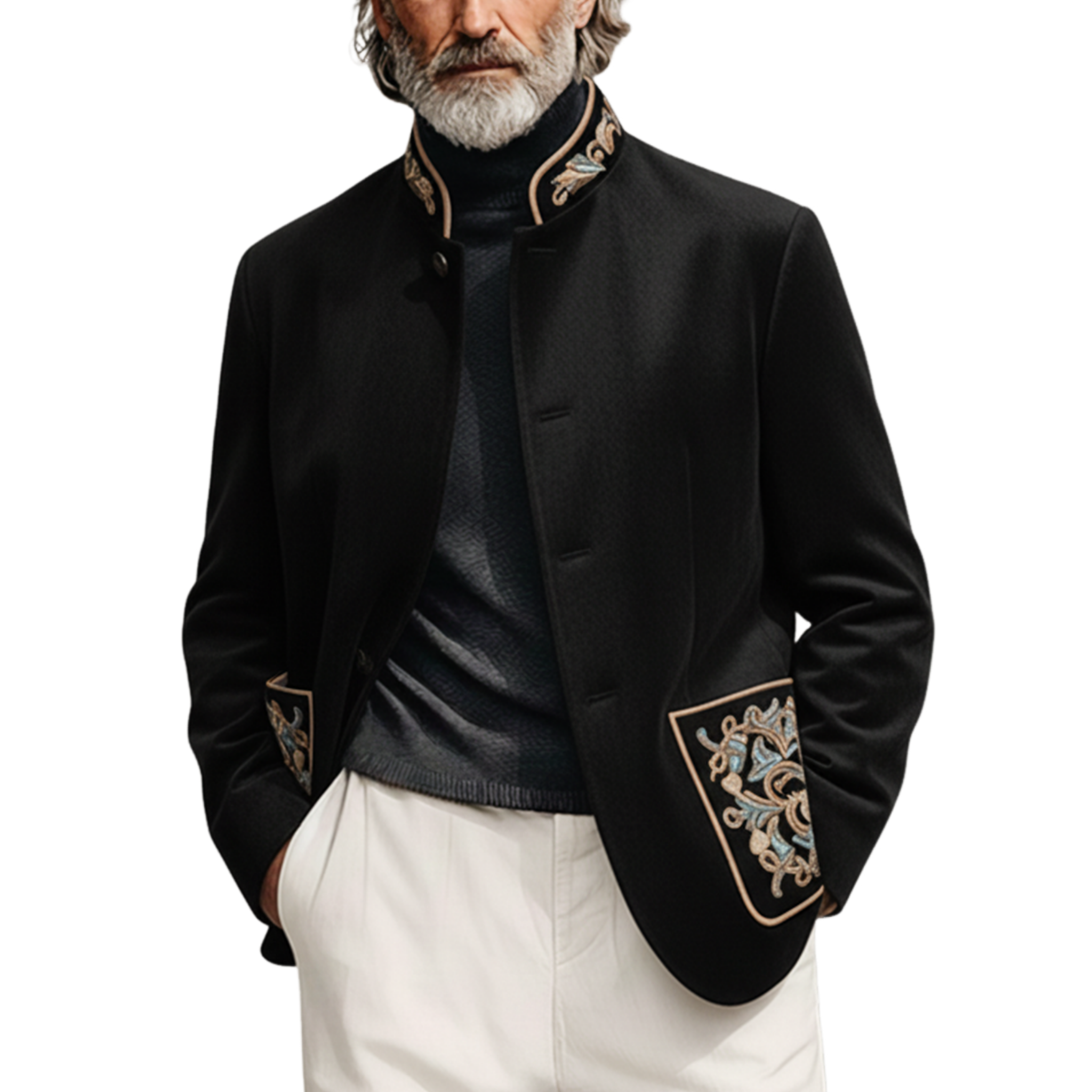 Men's Classic Retro Stand-up Collar And Embroidered Pocket Faux Velvet Single-breasted Jacket MTA0661K9K