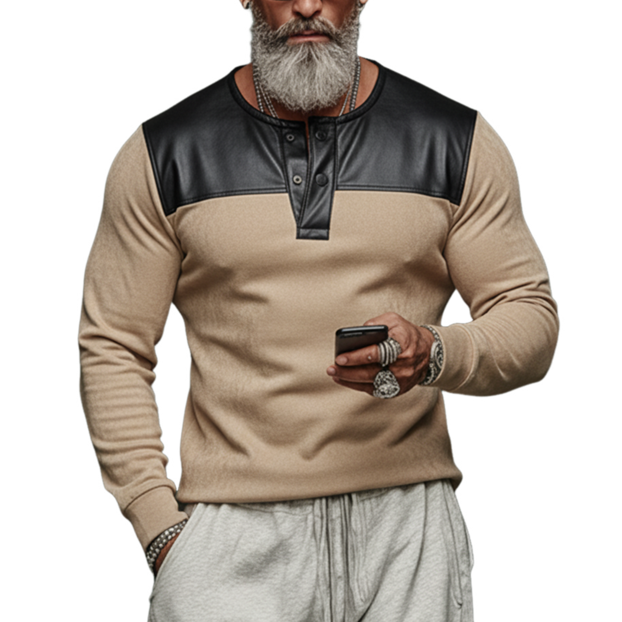 Men's Classic Casual Henley Collar PU Leather Slim Fit Faux Suede Long-Sleeve T-Shirt MTA0383K4K