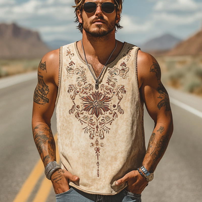 Men's Classic Casual American Western Style Suede Embroidered V-Neck Tank Top 67050763K