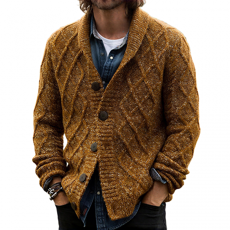 Men's Vintage Shawl Collar Single-Breasted Loose Diamond Jacquard Knit Cardigan MTA1156H6M