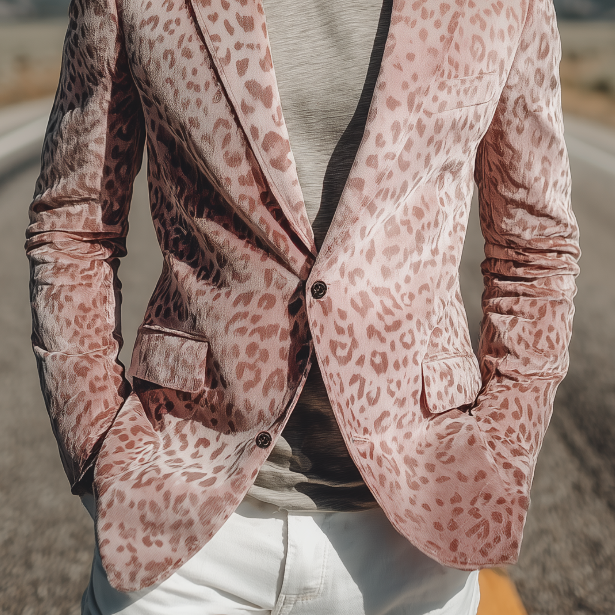 Men's Stylish Casual Pink Leopard Suede Single-breasted Slim-fit Blazer MTA1316H1K