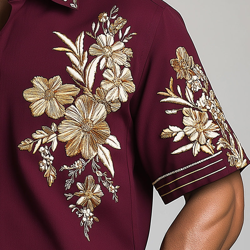 Men's Summer Fashion Floral Embroidery Cotton And Linen Short Sleeve Shirt MTA1589E7P