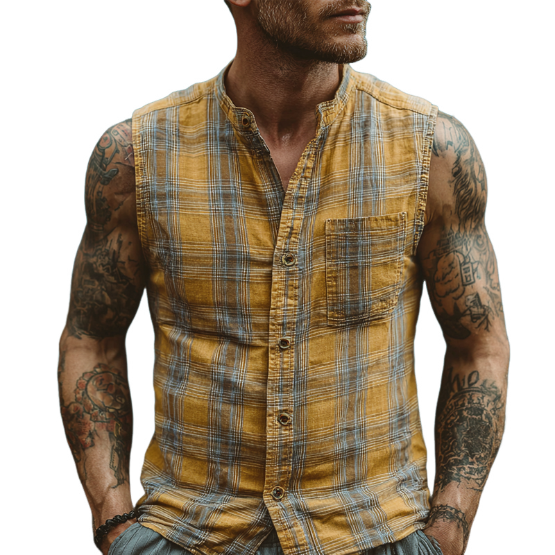 Men's Check Print Stand Collar Sleeveless Shirt MTA0383G3X