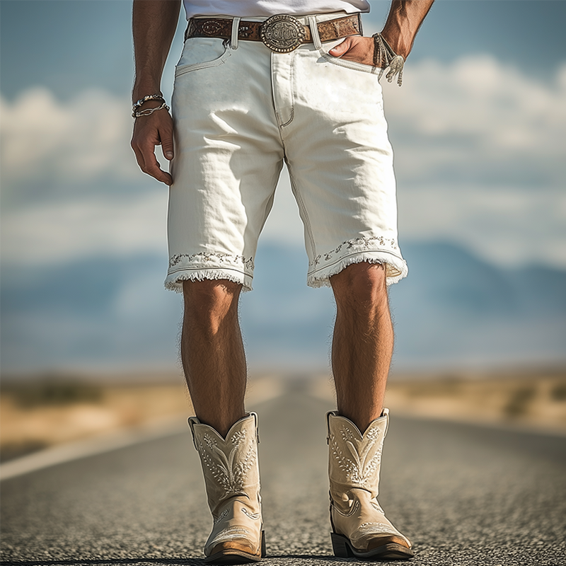 Men's Spring And Summer Fashion Western Tough Style Washed Denim Embroidery Raw Edge Casual Shorts MTA1696E7K