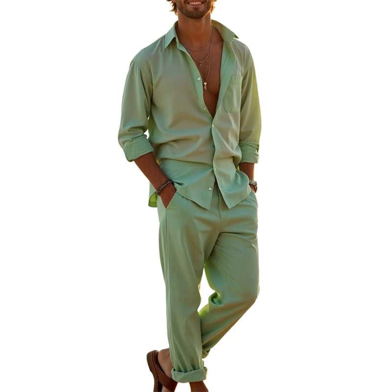 Men's Casual Solid Color Long Sleeve Shirt Pants Set MTA3018D0U