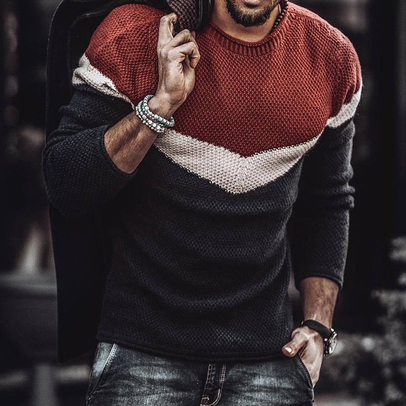 Men's Retro Casual Street Striped Colorblock Pullover Crew Neck Sweater MTA1081J9TO