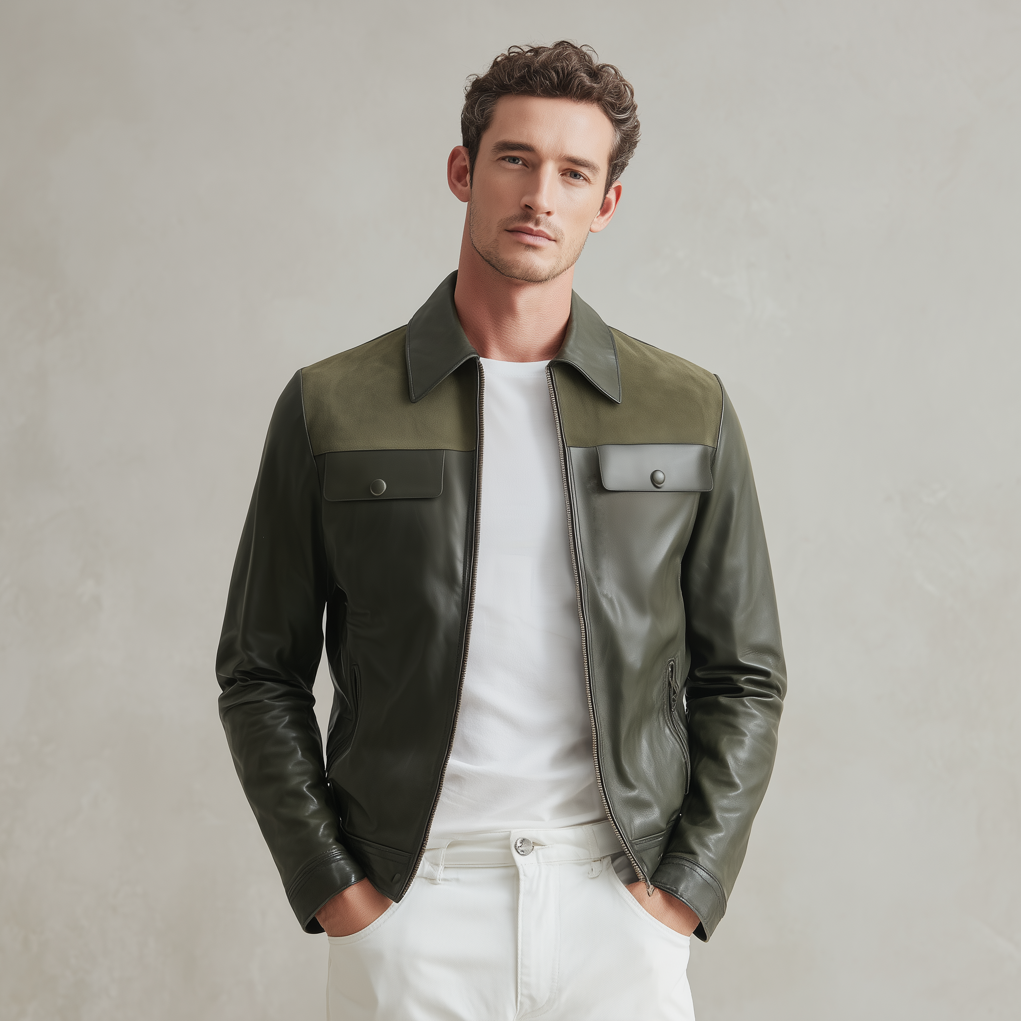 Men's Classic Casual Shoulder Suede Lapel PU Leather Zipper Jacket MTA2909H5K