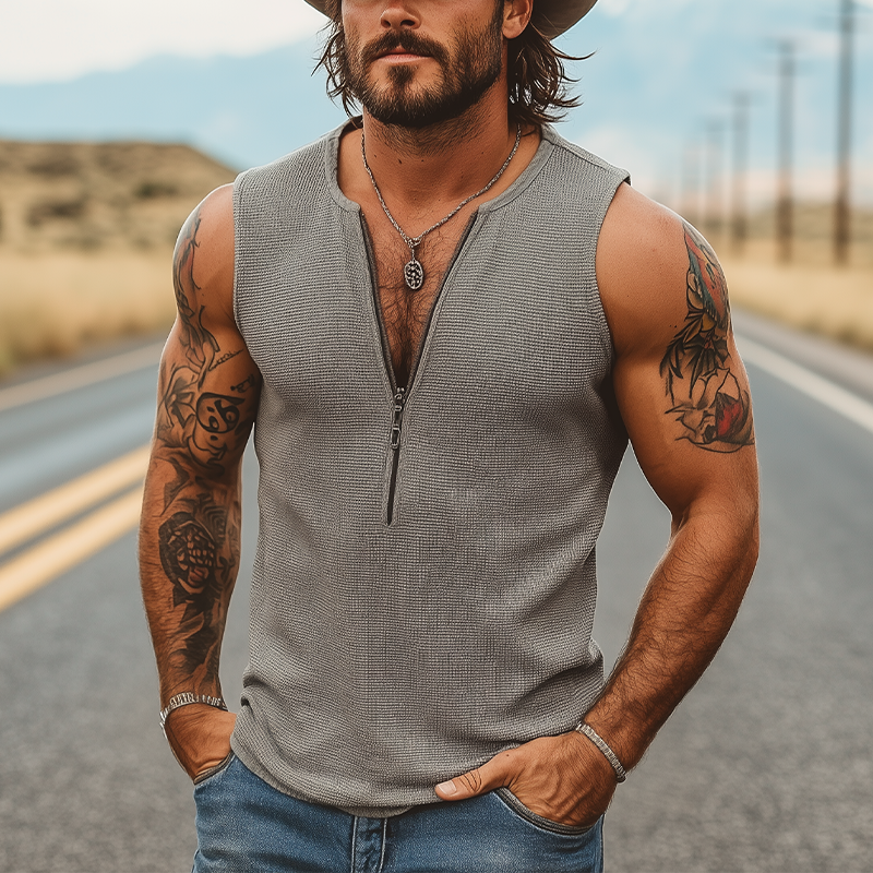 Men's Casual Classic American Western Tough Guy Style Knitted Waffle Deep V-neck Zipper Slim Tank Top MTA2861E7K