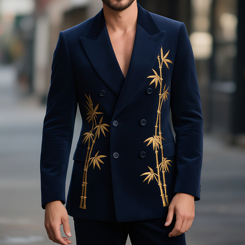 Men's Vintage Casual Velvet Bamboo Embroidery Double Breasted Blazer MTA0777G2TO