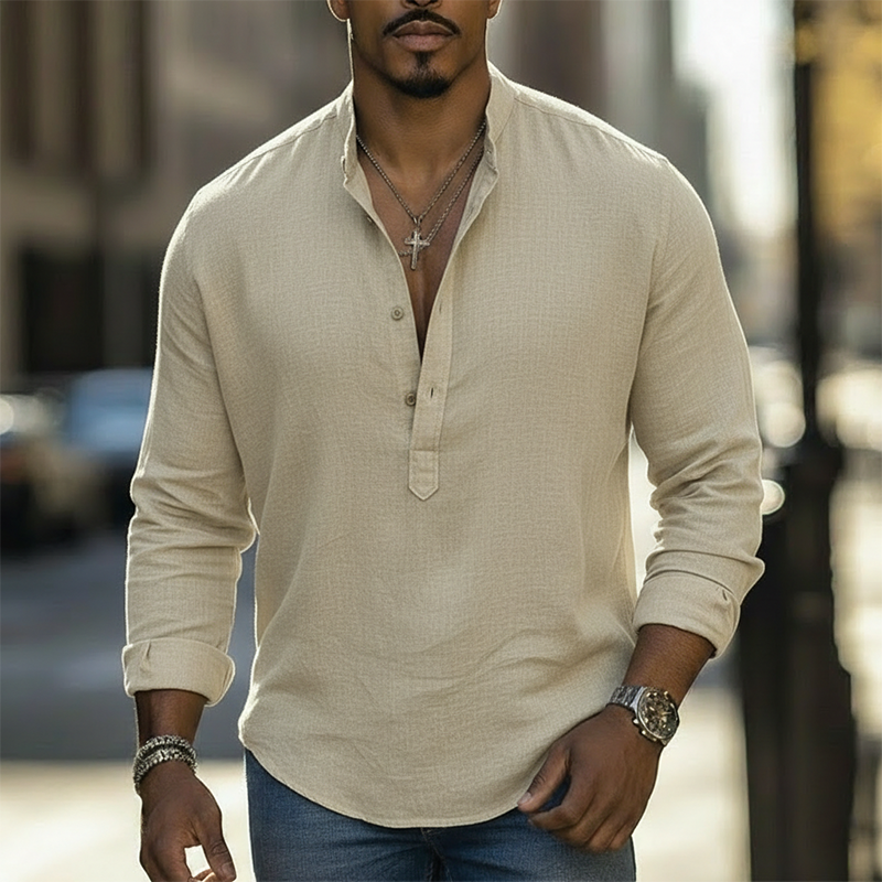 Men's Spring Fashion 100% Cotton Long-Sleeve Henley Shirt MTZ2224A5P