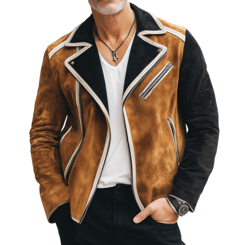 Men's Vintage Colorblock Notched Lapel Zipper Suede Jacket MTA2512H9U