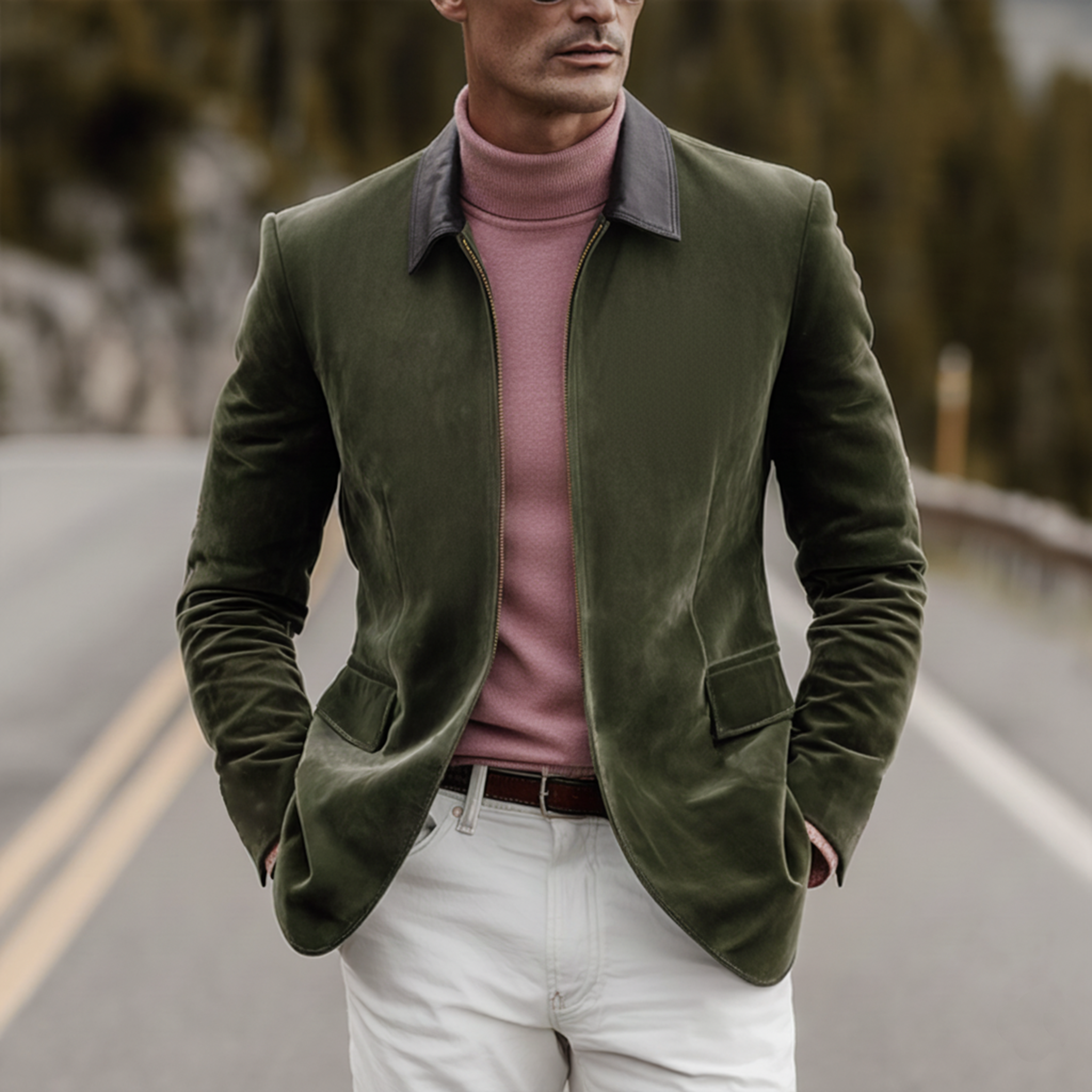 Men's Classic PU Leather Lapel Zipper Suede Slim Fit Jacket MTA2337J3K