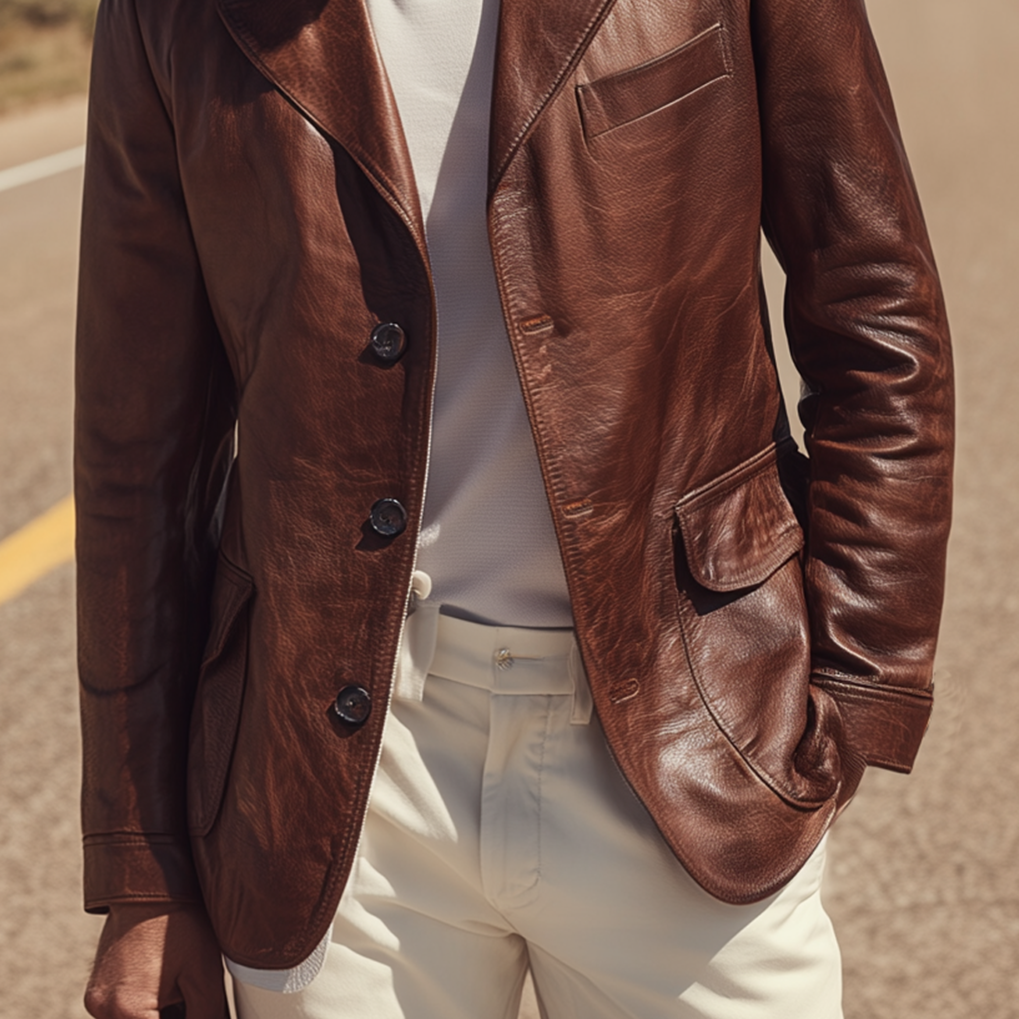 Men's Classic Retro Collar Splicing Suede PU Leather Single-breasted Blazer MTA0737H7K