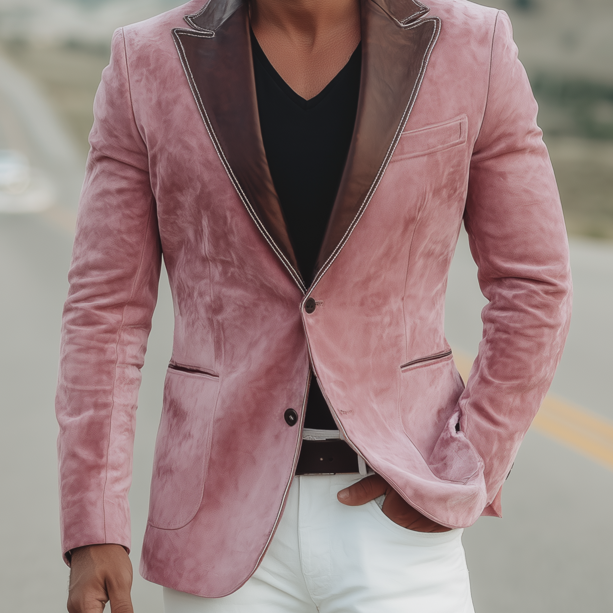 Men's Classic Retro Western Style Collar Stitching PU Leather Single-breasted Pink Suede Blazer MTA1911H0K