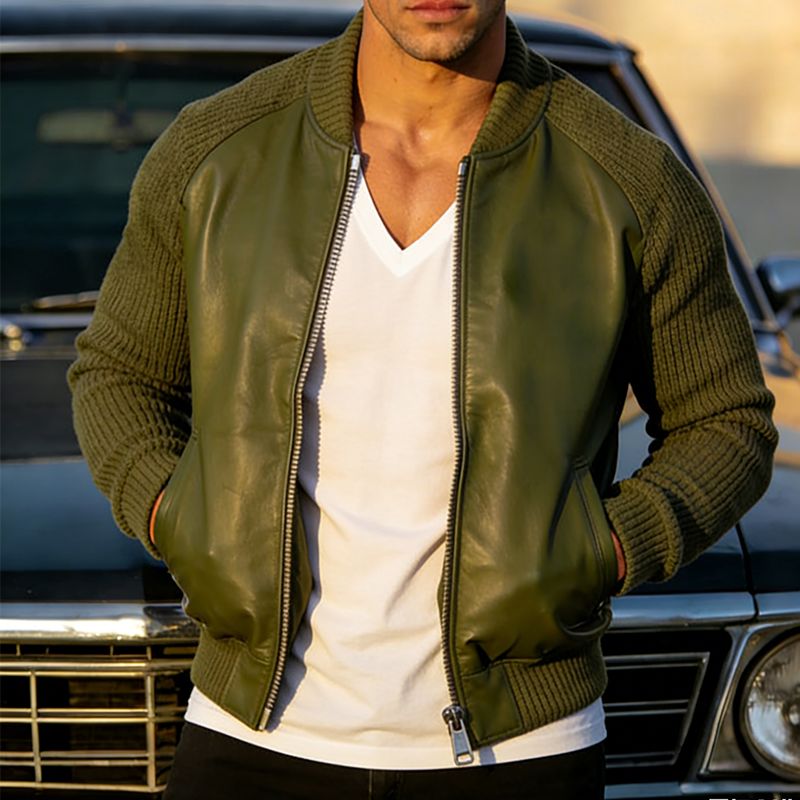 Men's Retro Casual Knitted Patchwork PU Zipper Collarless Jacket MTA1678L4TO