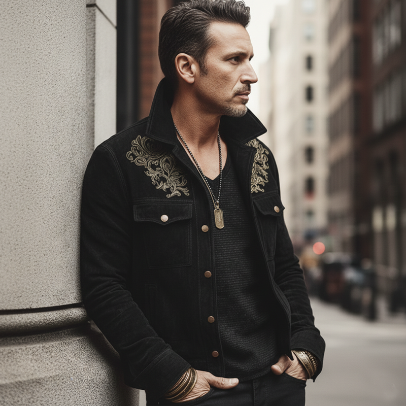 Men's Vintage Black Faux Suede Embroidered Button-up Jacket MTA1168L0U