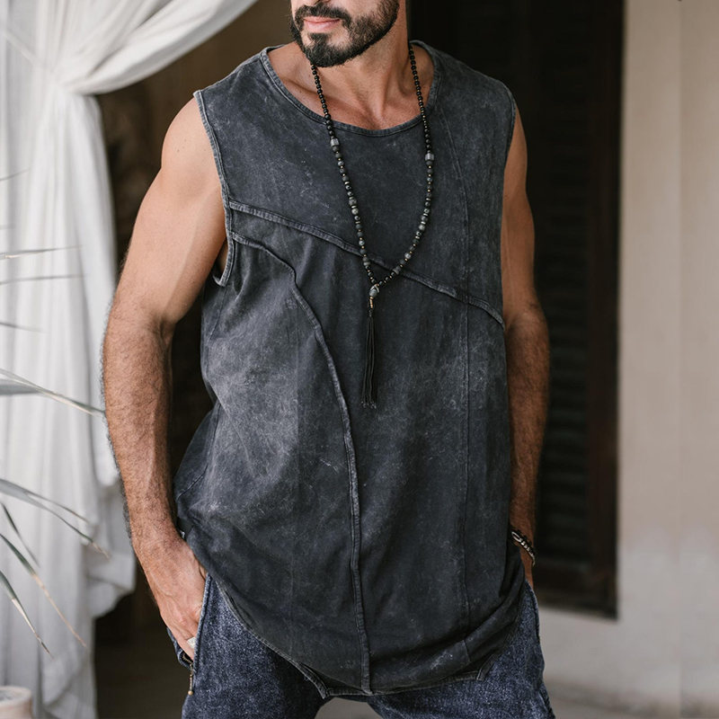 Men's Cotton Batik Panelled Crew Neck Tank Top MTA0443G9TO