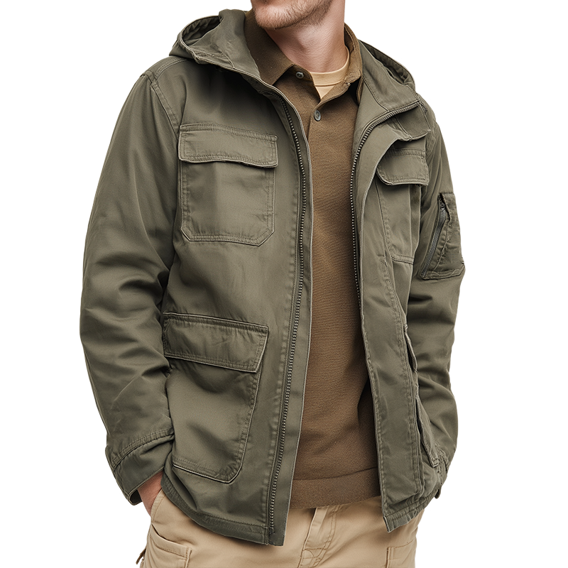 Men's Vintage Casual Cotton Washed Multi-Pocket Work Hooded Zipper Jacket MTA1097I4TO