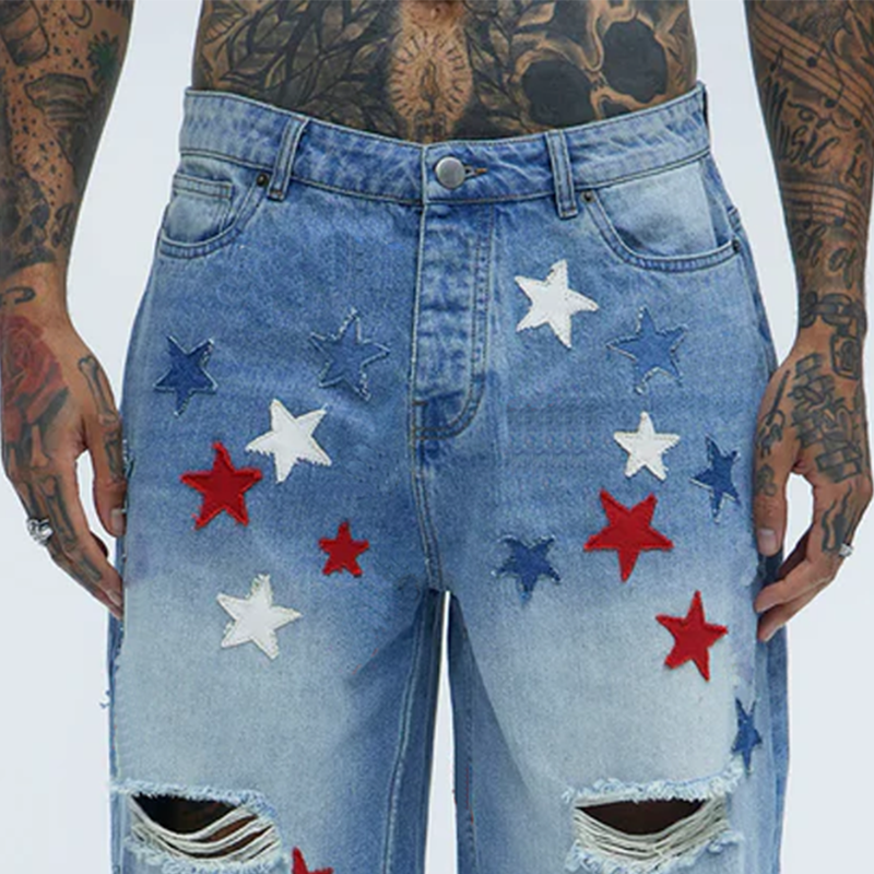 Men's Spring And Summer Fashion Casual Washed Denim Patch Five-pointed Star Decorated Ripped Shorts MTA0955G6K