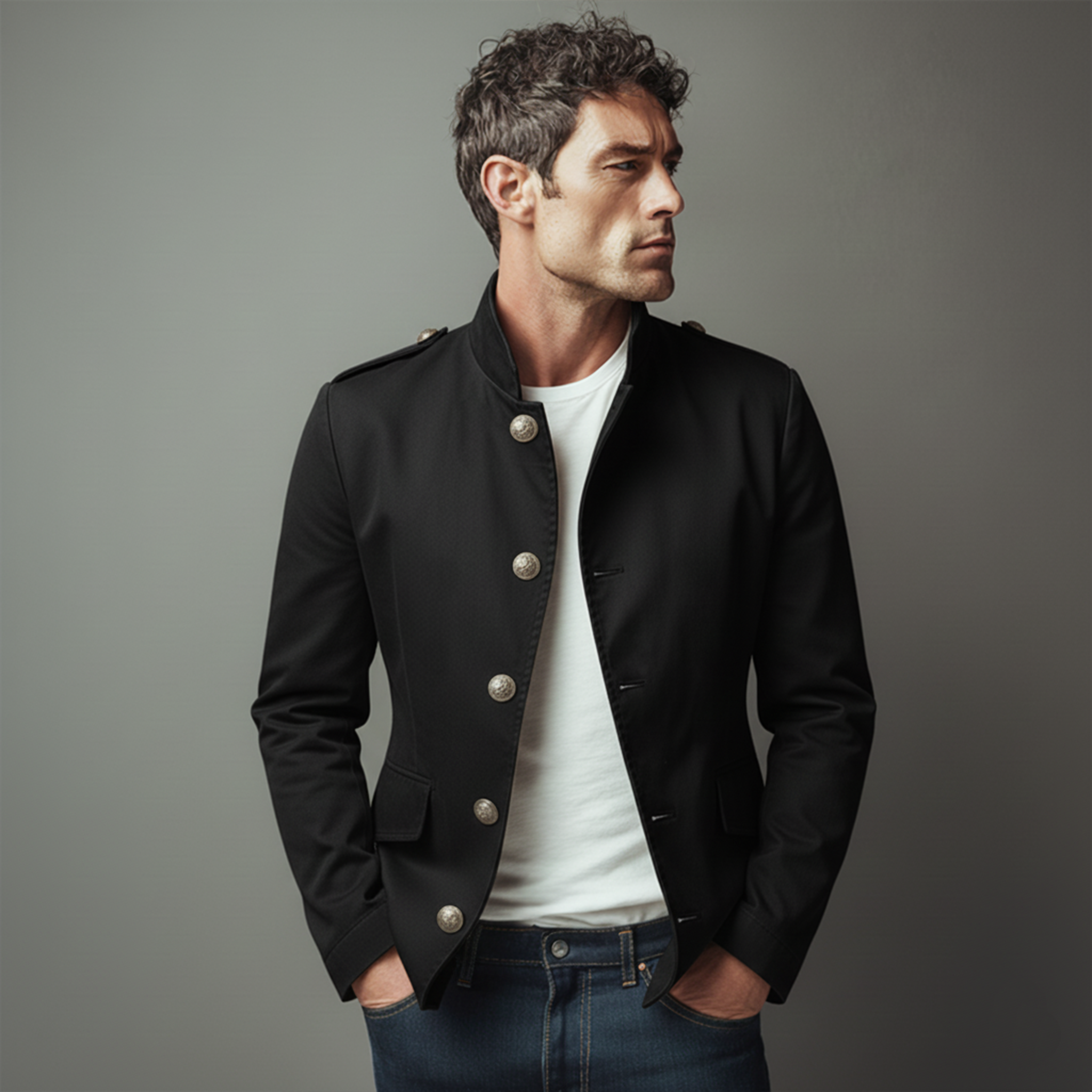 Men's Classic Stand Collar Cotton Blend Single Breasted Slim Fit Jacket MTA2453J7K