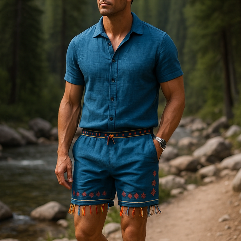 Men's Summer Fashion Embroidery Tassel Slub Linen Casual Shorts MTA1302F6P