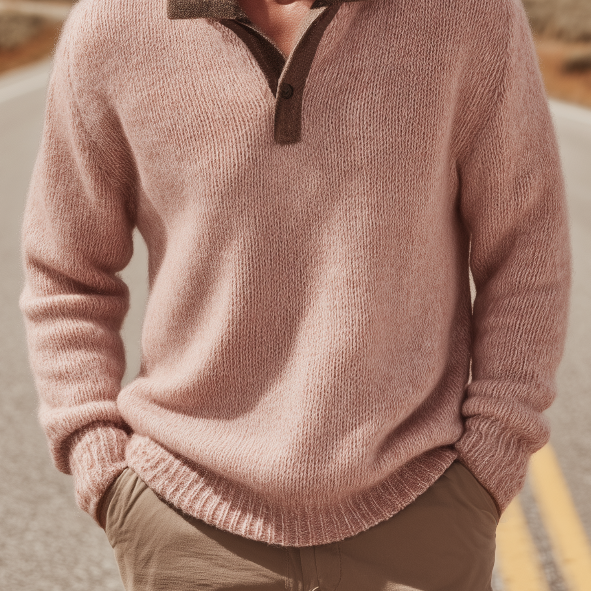 Men's Classic Casual Lapel Contrast Color Pink Knit Sweater MTA2925H7K