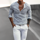 Men's Striped Henley Collar Long Sleeve Casual T-shirt 00046965Z