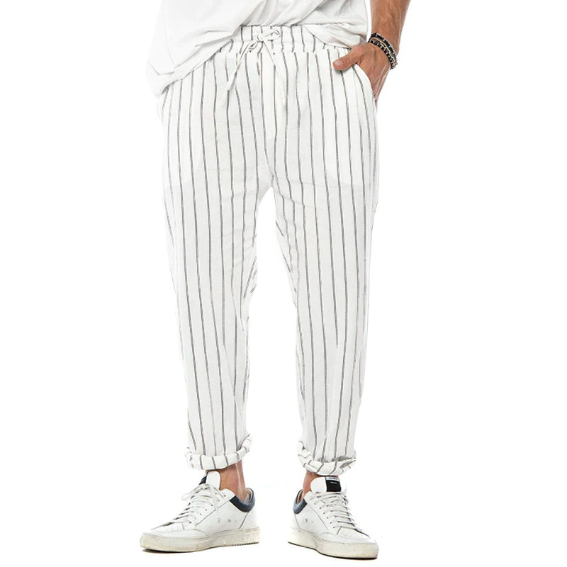 Pantaloni casual alla moda larghi dritti in cotone e lino a righe verticali da uomo 38653954Z