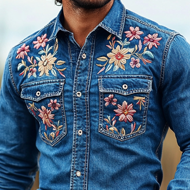 Men's Western Cowboy Style Embroidered Lapel Chest Pocket Long Sleeve Denim Shirt 20384804Z