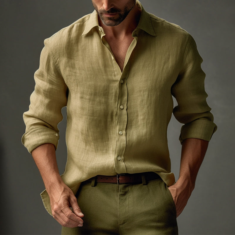 【Expédition 24h/24】Chemise décontractée à manches longues en lin de couleur unie pour hommes 68576086M