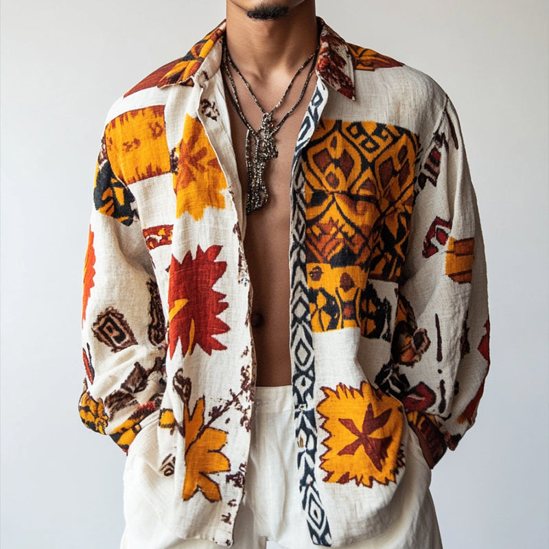 Men's Retro Casual Ethnic Style Printed Cotton and Linen Lapel Long Sleeve Shirt 95738664TO