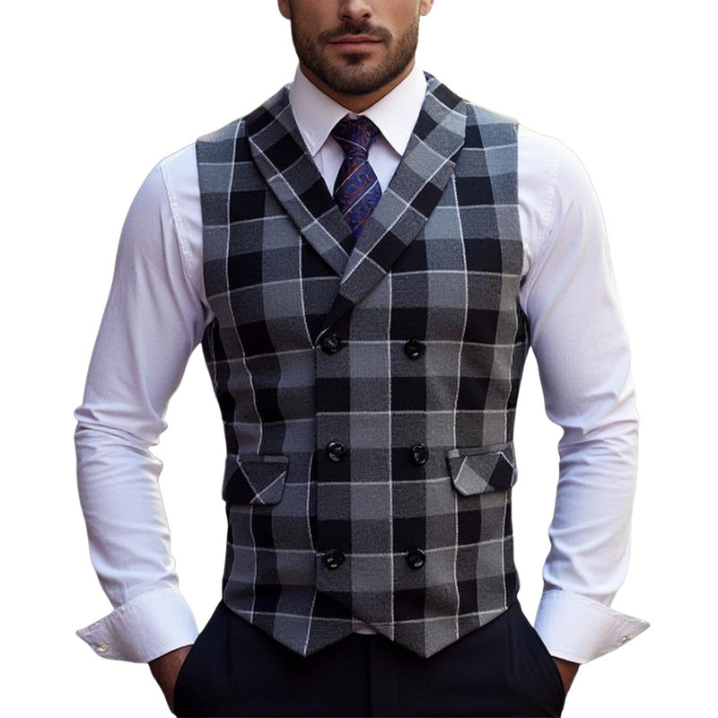 Men's Vintage Checkered Lapel Double-breasted Vest (shirt Not Included) 02198566X