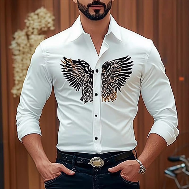 Men's Vintage Eagle Embroidery Cotton Slim Fit Long Sleeve Shirt 61726922U