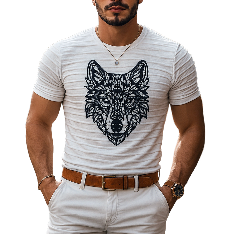 Men's Beast Head Patch Pleated Fabric Round Neck Short Sleeve T-shirt MTA2352F6Z