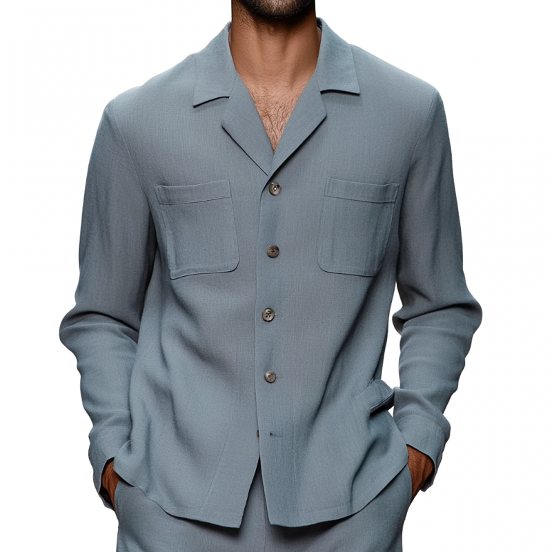 Men's Casual Breathable Cotton Linen Notched Lapel Single Breasted Patch Pocket Loose Long Sleeve Shirt MTA1248E2M