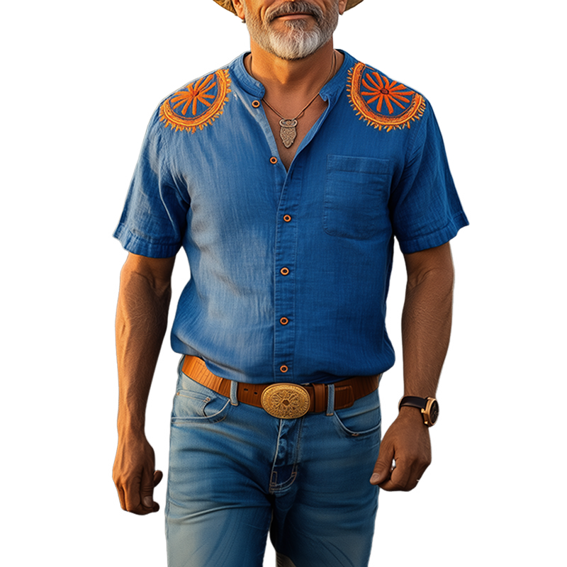 Men's Spring And Summer New Casual Vacation Retro Western Cowboy Style Cotton And Linen Embroidered Stand-Up Collar Short-Sleeved Shirt MTA0938E5K