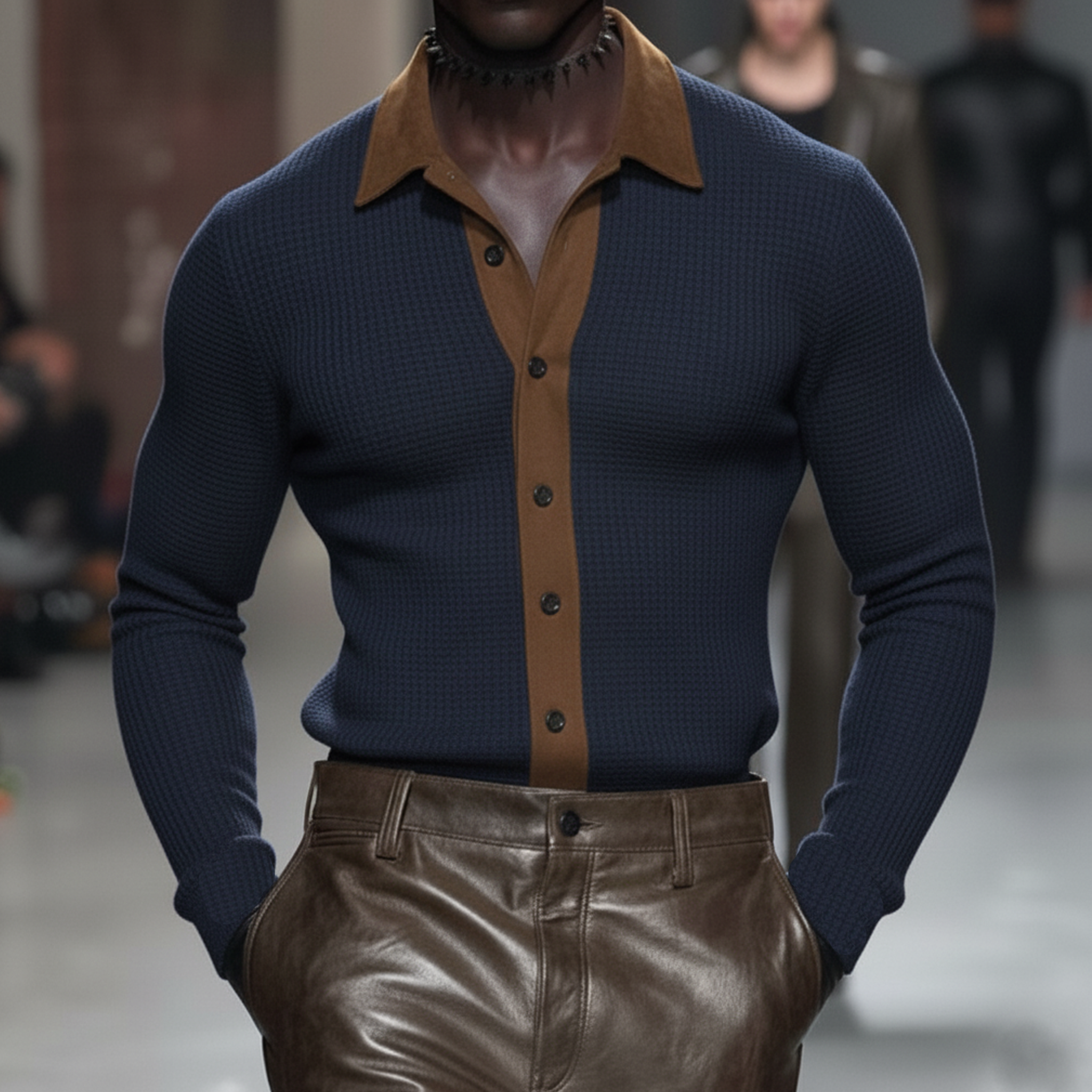 Men's Classic Casual Suede And Waffle-knit Patchwork Slim-fit Long-sleeved Shirt MTA0877L4K