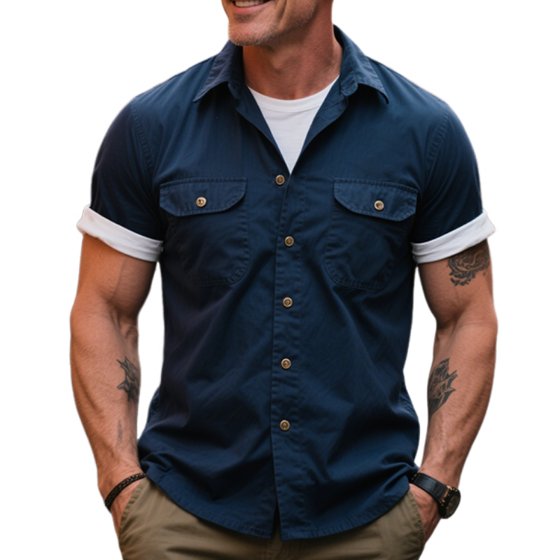 Men's Retro Casual British Style Outdoor Multi-Pocket Cotton Lapel Short Sleeve Shirt MTA1436E8TO