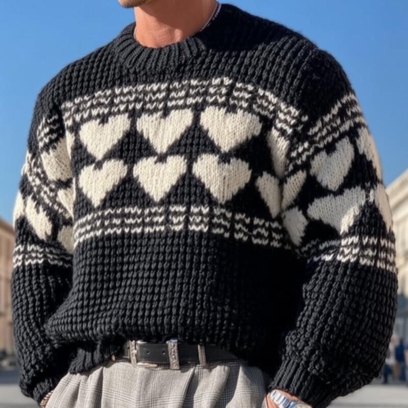 Men's Vintage Heart Jacquard Breathable Knitted Round Neck Loose Pullover Sweater MTA2844H8M