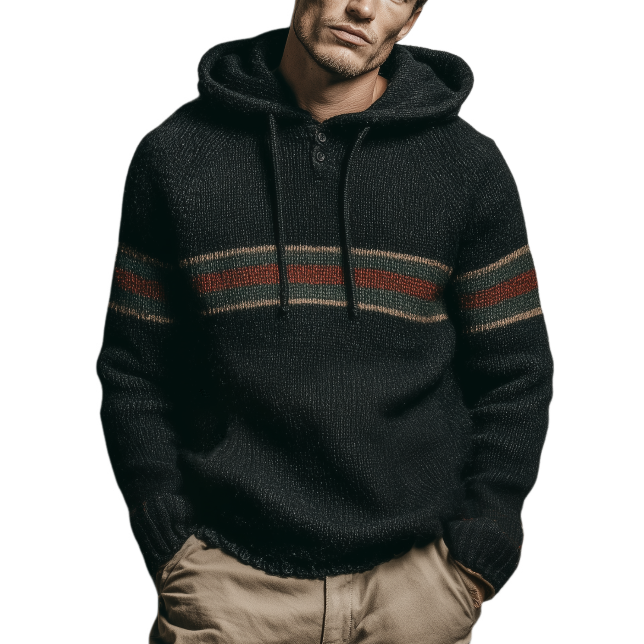 Men's Classic Casual Contrast Color Horizontal Stripe Patchwork Hooded Sweater MTA2918I5K