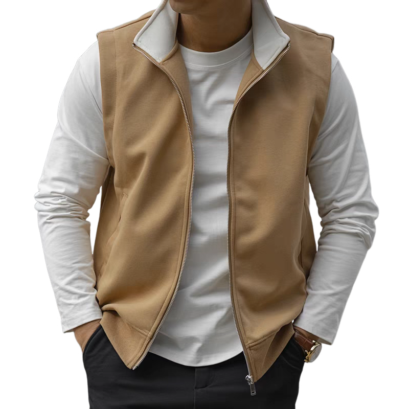 Men's Colorblock Cotton Blend Stand Collar Sleeveless Zipper Vest 21712807Z