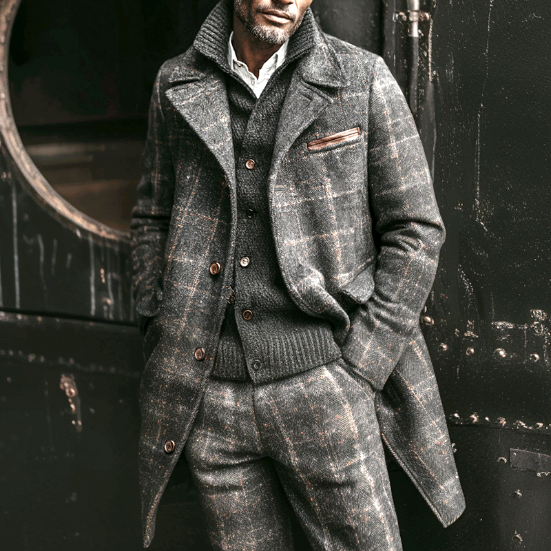 Men's Faux Wool Check Lapel PU Splicing Chest Pocket Mid-length Coat MTA1089I0Z