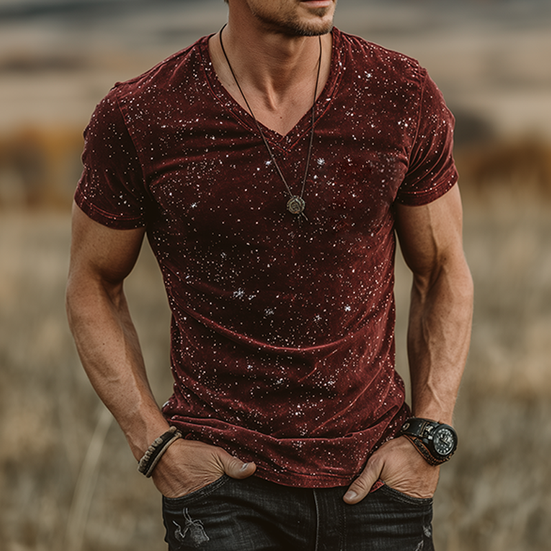 Men's Retro Casual Star Print Velvet V-Neck Short Sleeve T-Shirt MTA1078G1TO